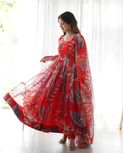 Silk Organza Rin202 529 Gowns  Printed Anarkali Red Gowns