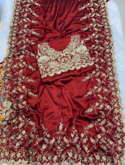 Silk Rin164  Rrs69 Sarees  Sequence Embroidered Cutwork Zari Border Red Wedding Teej Karwa Chauth Sarees