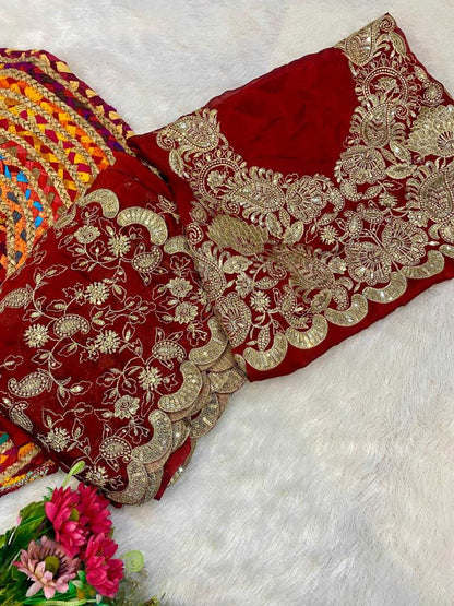 Silk Rin164  Rrs69 Sarees  Sequence Embroidered Cutwork Zari Border Red Wedding Teej Karwa Chauth Sarees