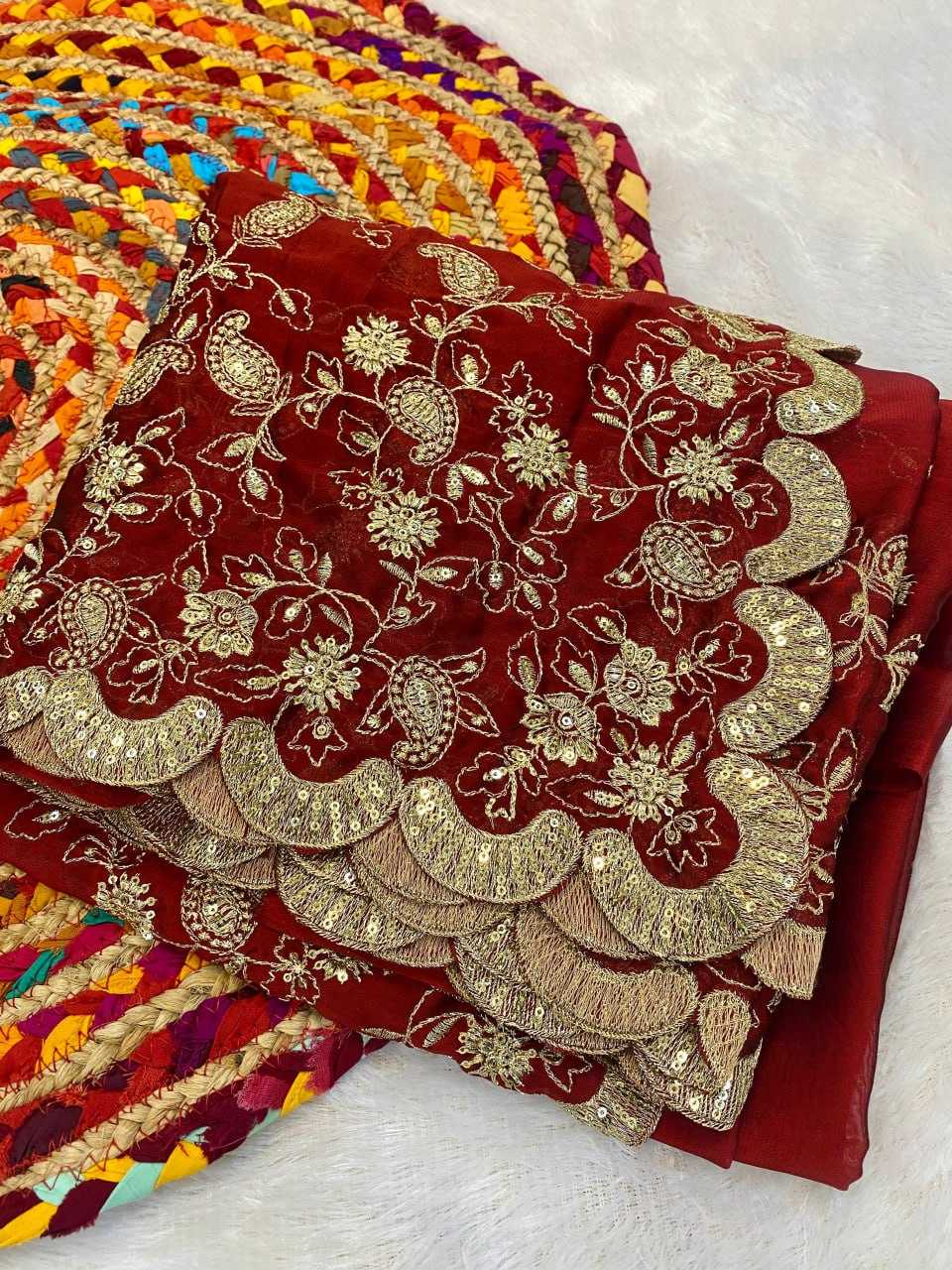 Silk Rin164  Rrs69 Sarees  Sequence Embroidered Cutwork Zari Border Red Wedding Teej Karwa Chauth Sarees