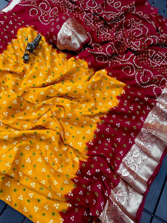 Soft Dola Kesh110 Radha22 Sarees  Printed Bandhani Bandhej Zari Border Sarees