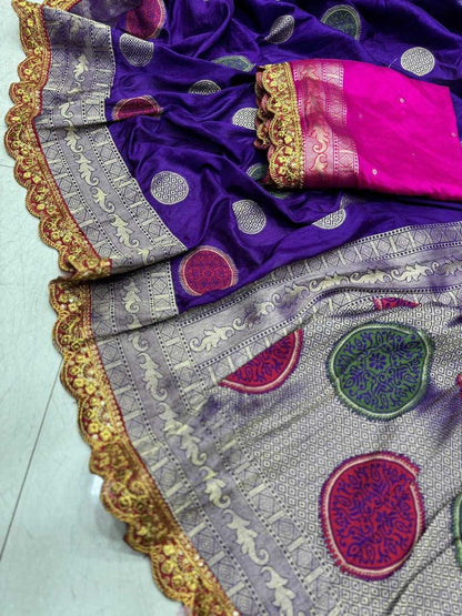 Soft Dola Kesh162 Vrt09 Silk Sarees  Dola Silk Pure Zari Silk Embroidered Silk Pure Silk With Gold Borders Purple Silk Sarees