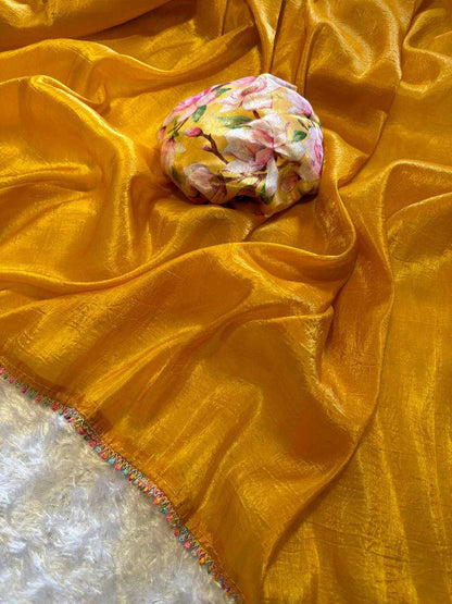 Soft Gold Crush Kesh163 04 Sarees  Tissue Silk Plain Solid Lace Border Sarees