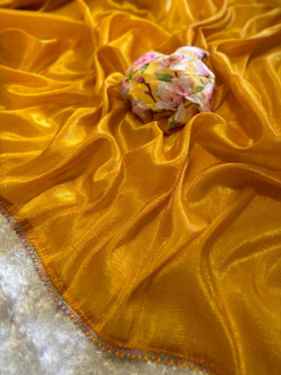 Soft Gold Crush Kesh163 04 Sarees  Tissue Silk Plain Solid Lace Border Sarees