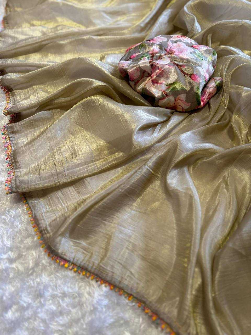 Soft Gold Crush Kesh163 04 Sarees  Tissue Silk Plain Solid Lace Border Sarees