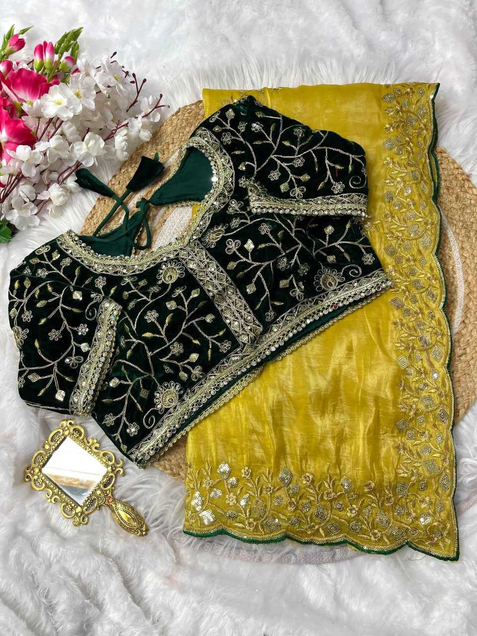 Soft Gold Crush Kesh184 Nazrat Sarees  Embroidered Sequence Zari Border Cutwork Sarees