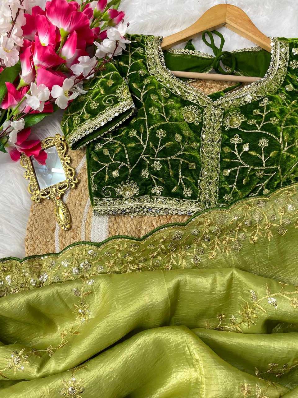 Soft Gold Crush Kesh184 Nazrat Sarees  Embroidered Sequence Zari Border Cutwork Sarees