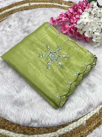 Soft Gold Crush Rin143 449 Sarees  Party Wear Fancy Hand Work Cutwork Sarees