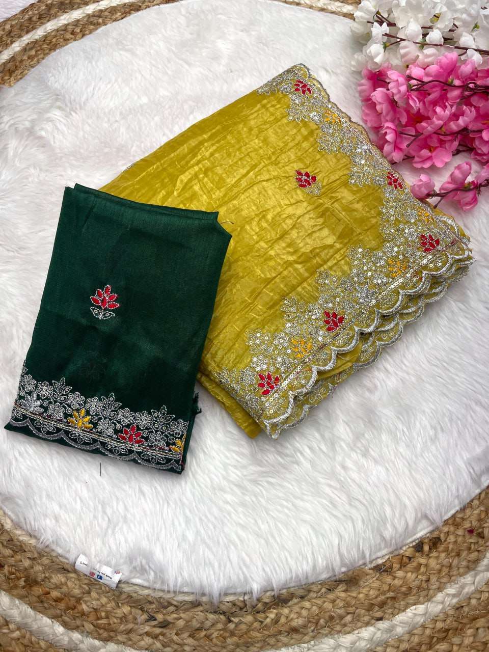 Soft Gold Crush Rin143 427 Sarees  Sequence Embroidered Cutwork Sarees Diwali Ccollections