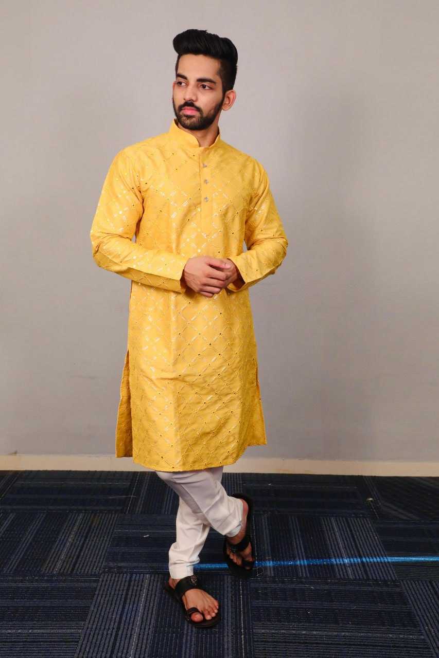 Soft Silk Rin111 Golden Mirror Mens Wear  Mens Kurta Pyjama Embroidered Kurta Pyjama