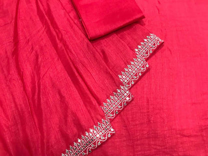 Soft Vichitra Rin134 0175 Sarees  Embroidered Plain Lace Border Red Sarees