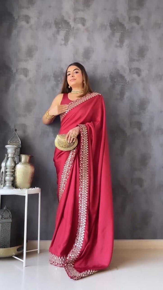 Soft Vichitra Rin134 0175 Sarees  Embroidered Plain Lace Border Red Sarees