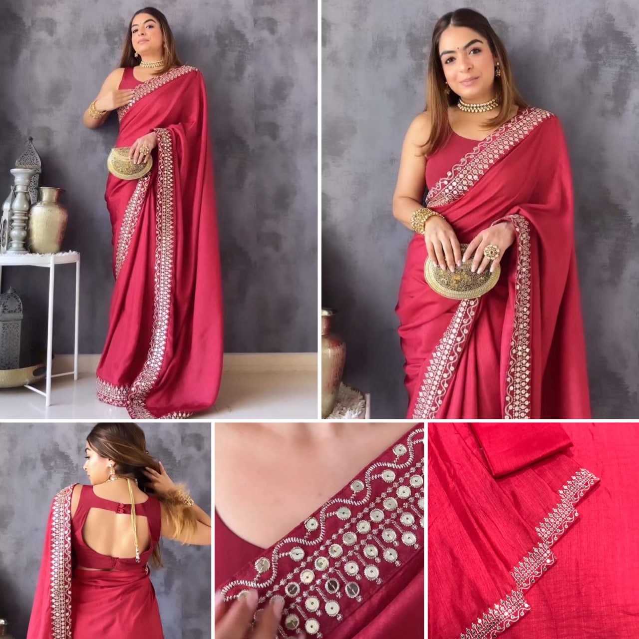 Soft Vichitra Rin134 0175 Sarees  Embroidered Plain Lace Border Red Sarees