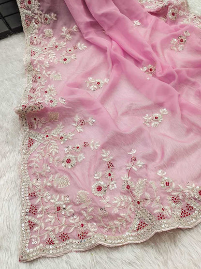 Tabby Silk Kesh188 9163 Sarees  Sequence Embroidered Cutwork Silk Pink Sarees