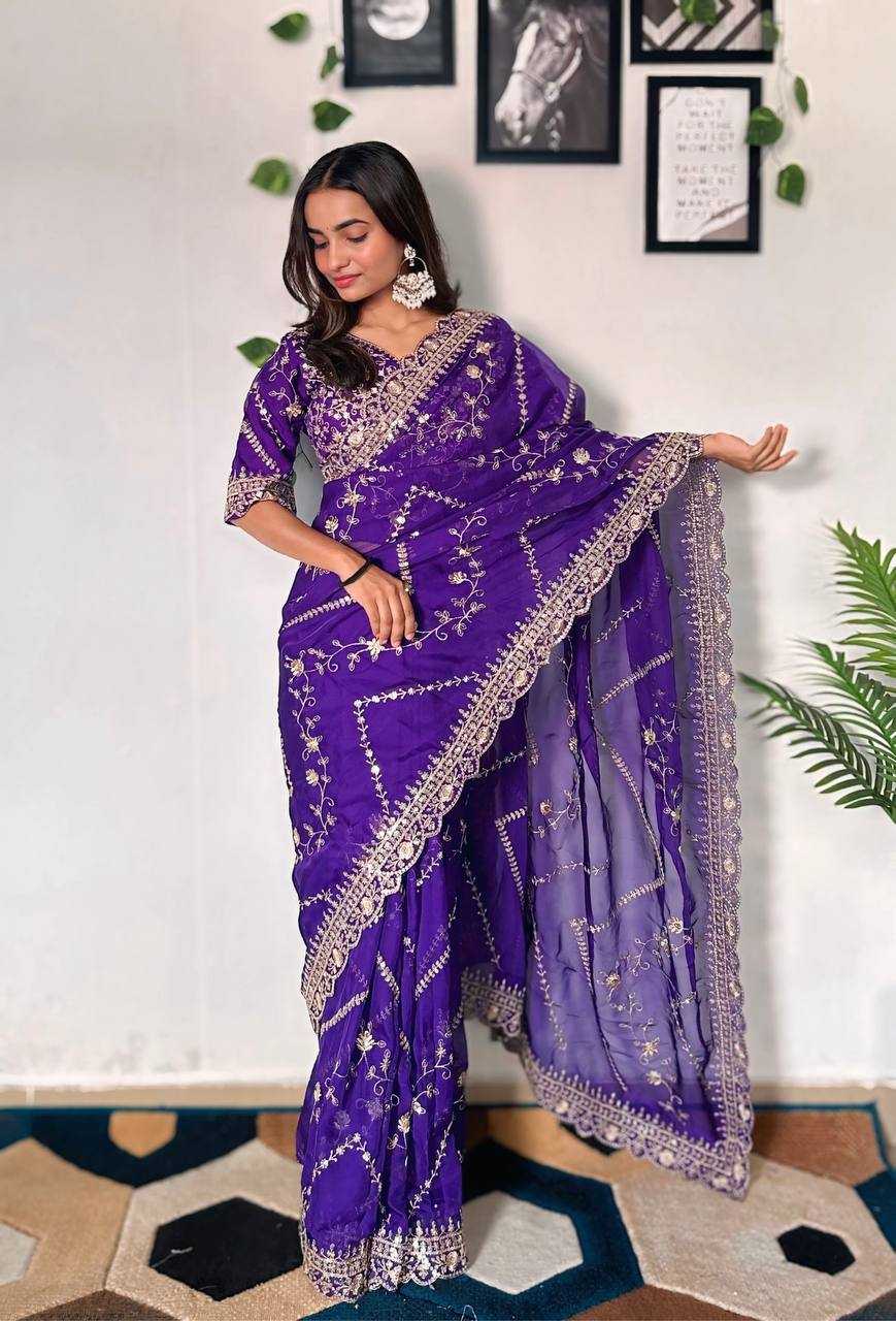 Tabby Silk Organza Rin114 5042 Sarees  Organza Embroidered Cutwork Traditional Purple Sarees