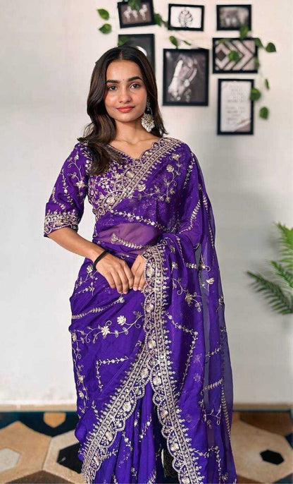 Tabby Silk Organza Rin114 5042 Sarees  Organza Embroidered Cutwork Traditional Purple Sarees