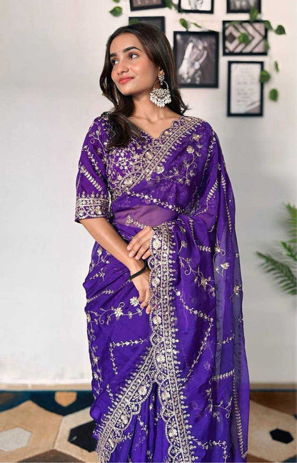 Tabby Silk Organza Rin114 5042 Sarees  Organza Embroidered Cutwork Traditional Purple Sarees