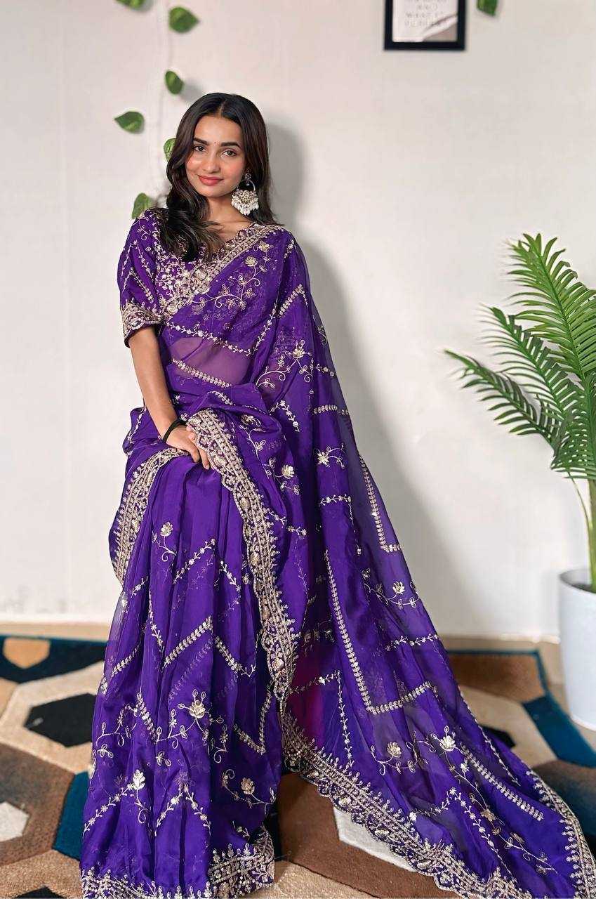 Tabby Silk Organza Rin114 5042 Sarees  Organza Embroidered Cutwork Traditional Purple Sarees