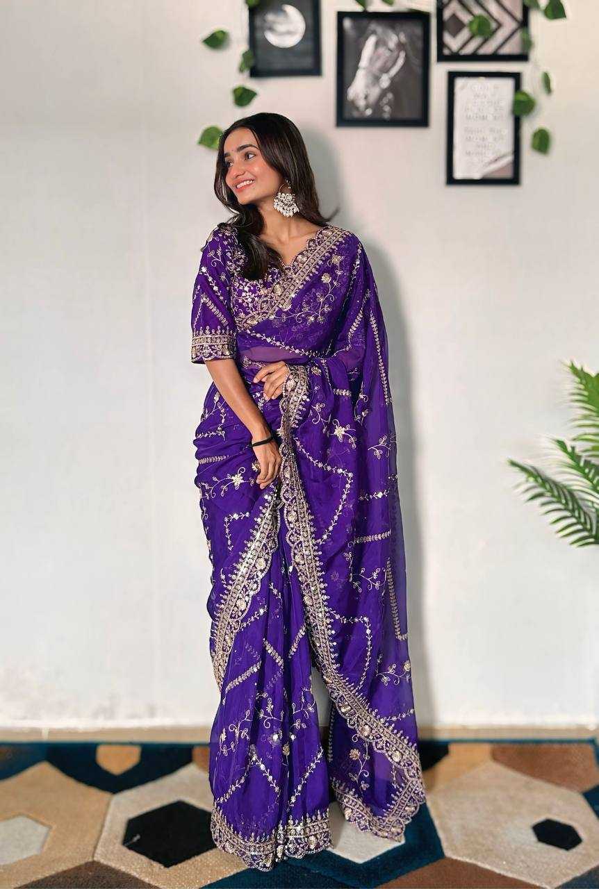 Tabby Silk Organza Rin114 5042 Sarees  Organza Embroidered Cutwork Traditional Purple Sarees