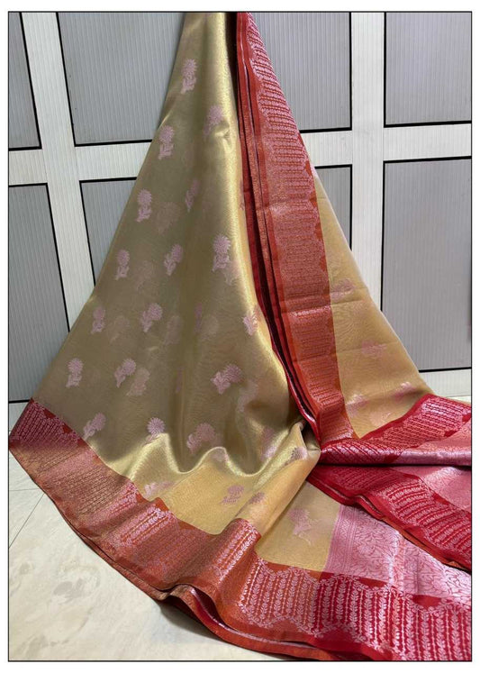 Tissue Kesh131 Red Border Sarees  Ladies Tissue Zari Border Sarees