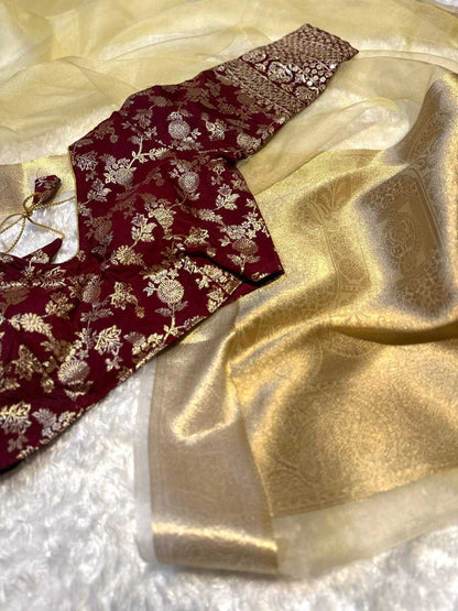 Tissue Kesh162 Vrt15 Silk Sarees  Tissue Silk Plain Zari Border Zari Saree With Blouse Golden Sarees