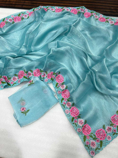 Tissue Silk Kesh107 Rnnc34 Sarees  Fancy Tissue Silk Embroidered Lace Border Sarees