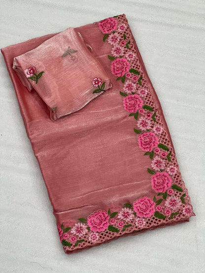 Tissue Silk Kesh107 Rnnc34 Sarees  Fancy Tissue Silk Embroidered Lace Border Sarees