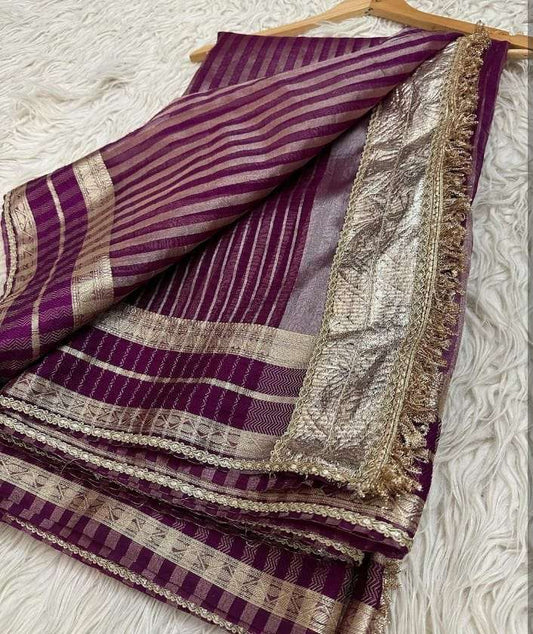 Tissue Silk Kesh131 Crush Stripes Sarees  Fancy Tissue Silk Triped Zari Border Sarees