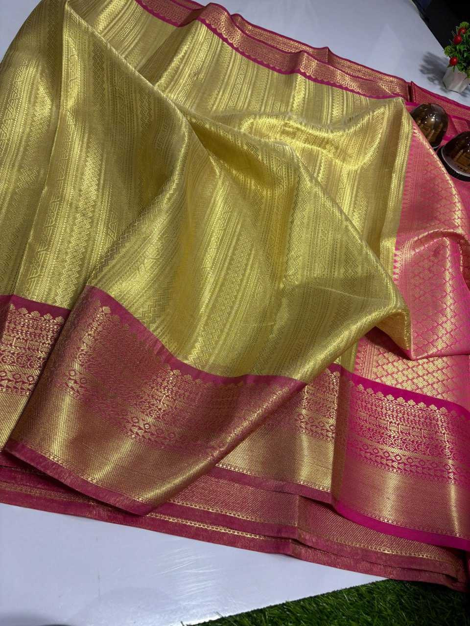 Tissue Silk Kesh131 Golden Sarees  Ladies Tissue Silk Zari Border Sarees