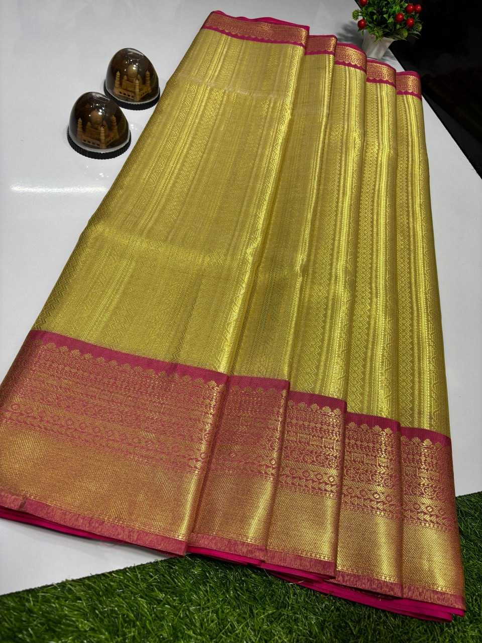 Tissue Silk Kesh131 Golden Sarees  Ladies Tissue Silk Zari Border Sarees