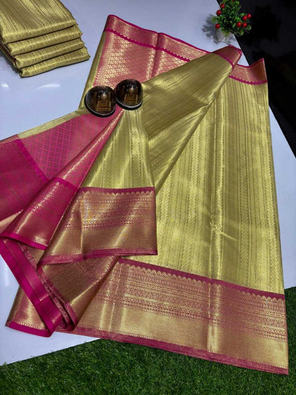 Tissue Silk Kesh131 Golden Sarees  Ladies Tissue Silk Zari Border Sarees