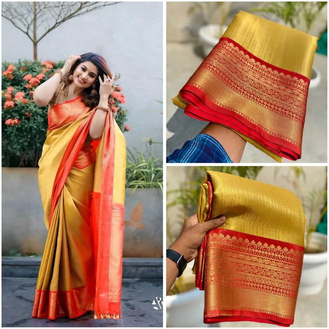 Tissue Silk Kesh131 Golden Tissue Sarees  Tissue Silk Lace Border Zari Border Sarees