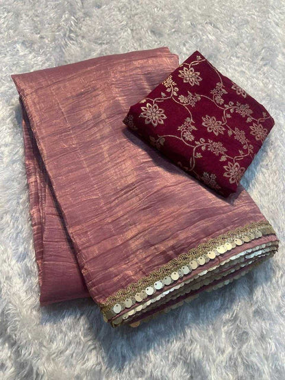 Tissue Silk Kesh132 Krf18 Sarees  Tissue Silk Plain Solid Lace Border Sarees