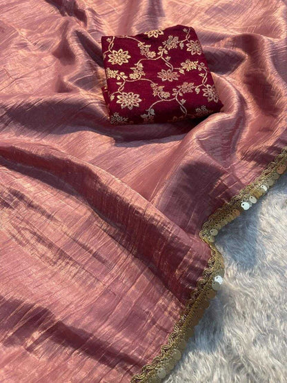 Tissue Silk Kesh132 Krf18 Sarees  Tissue Silk Plain Solid Lace Border Sarees