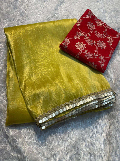 Tissue Silk Kesh132 Krf18 Sarees  Tissue Silk Plain Solid Lace Border Sarees