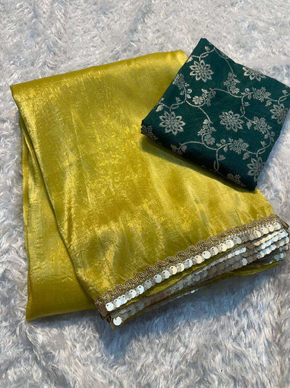 Tissue Silk Kesh132 Krf18 Sarees  Tissue Silk Plain Solid Lace Border Sarees