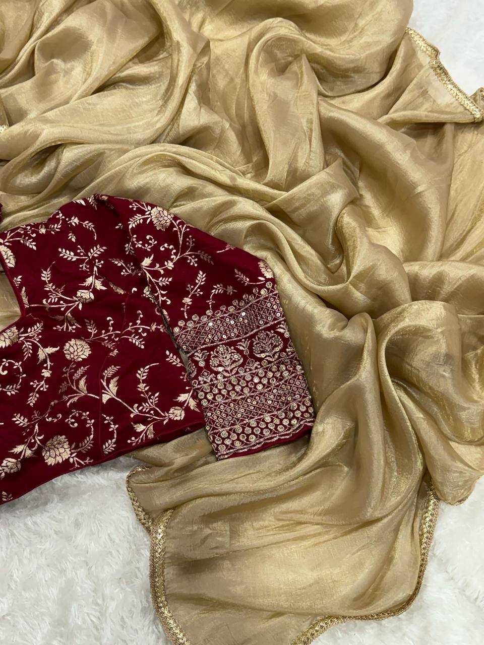 Tissue Silk Kesh186 1018 Sarees  Fancy Tissue Silk Plain Solid Lace Border Silk Sarees With Blouse