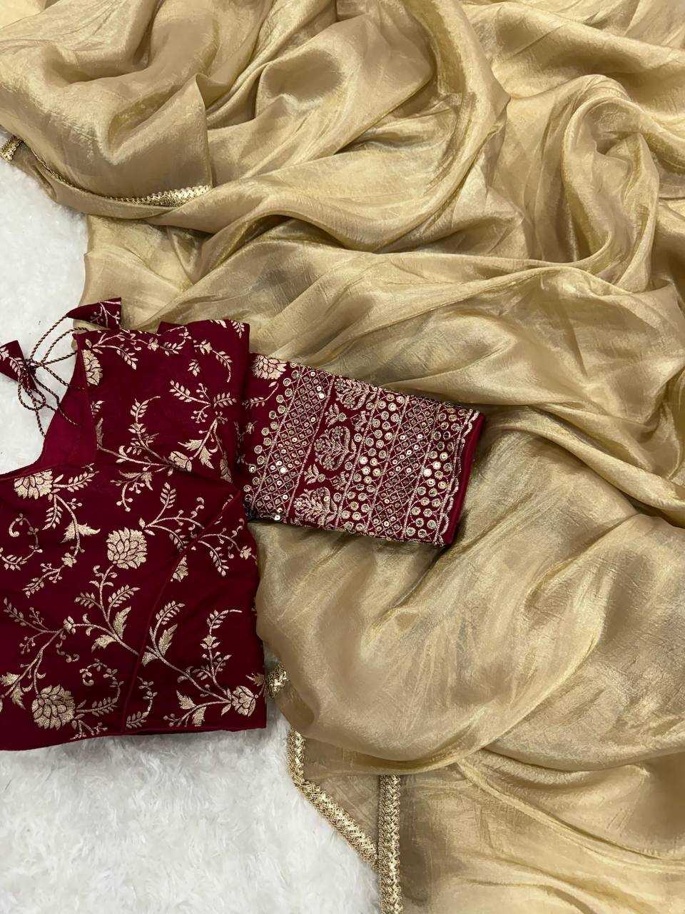 Tissue Silk Kesh186 1018 Sarees  Fancy Tissue Silk Plain Solid Lace Border Silk Sarees With Blouse