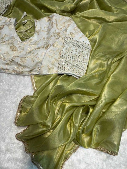 Tissue Silk Kesh186 1018 Sarees  Fancy Tissue Silk Plain Solid Lace Border Silk Sarees With Blouse