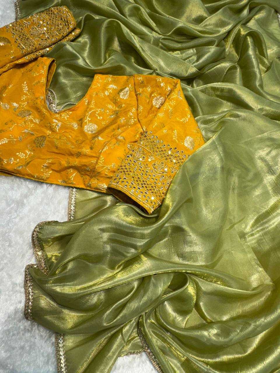 Tissue Silk Kesh186 1018 Sarees  Fancy Tissue Silk Plain Solid Lace Border Silk Sarees With Blouse