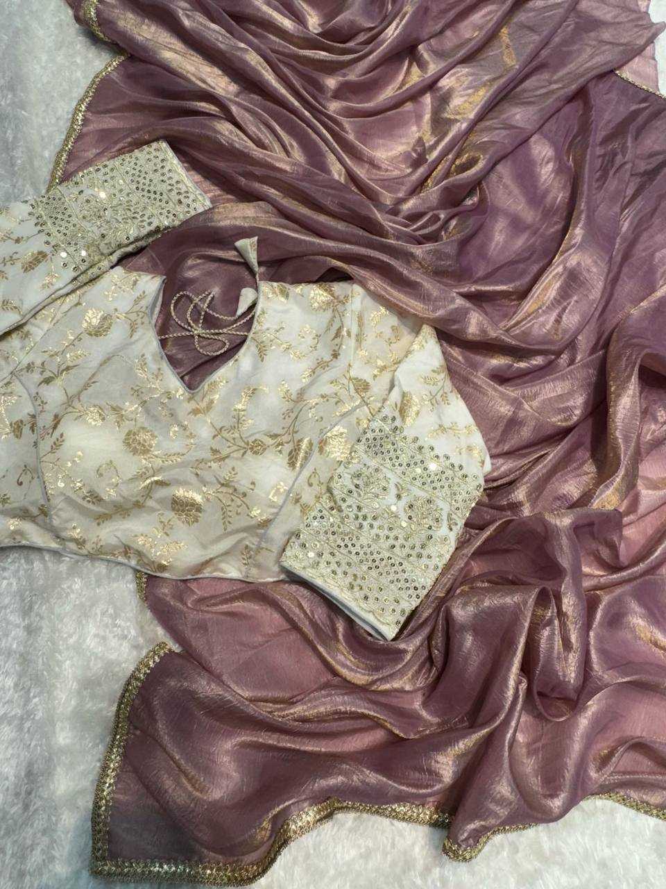 Tissue Silk Kesh186 1018 Sarees  Fancy Tissue Silk Plain Solid Lace Border Silk Sarees With Blouse