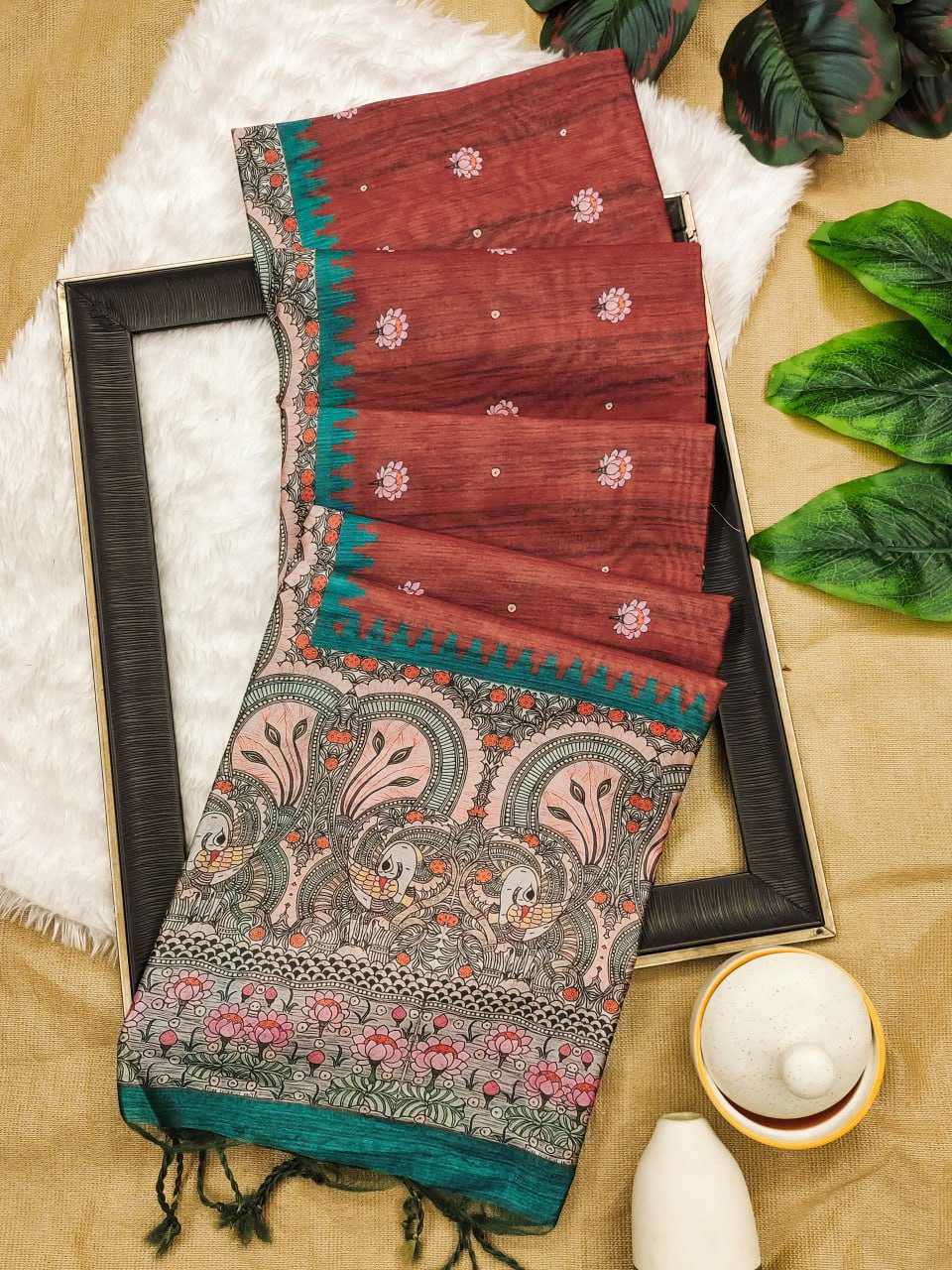 Tussar Silk Kesh165 Rbn16 Silk Sarees   Soft Silk Tussar Silk Printed Silk Kalamkari Silk Sarees