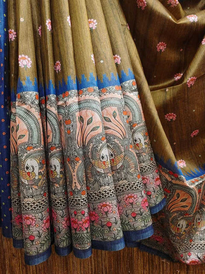 Tussar Silk Kesh165 Rbn16 Silk Sarees   Soft Silk Tussar Silk Printed Silk Kalamkari Silk Sarees