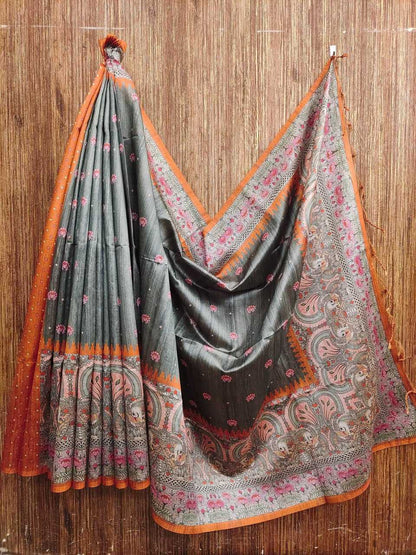 Tussar Silk Kesh165 Rbn16 Silk Sarees   Soft Silk Tussar Silk Printed Silk Kalamkari Silk Sarees