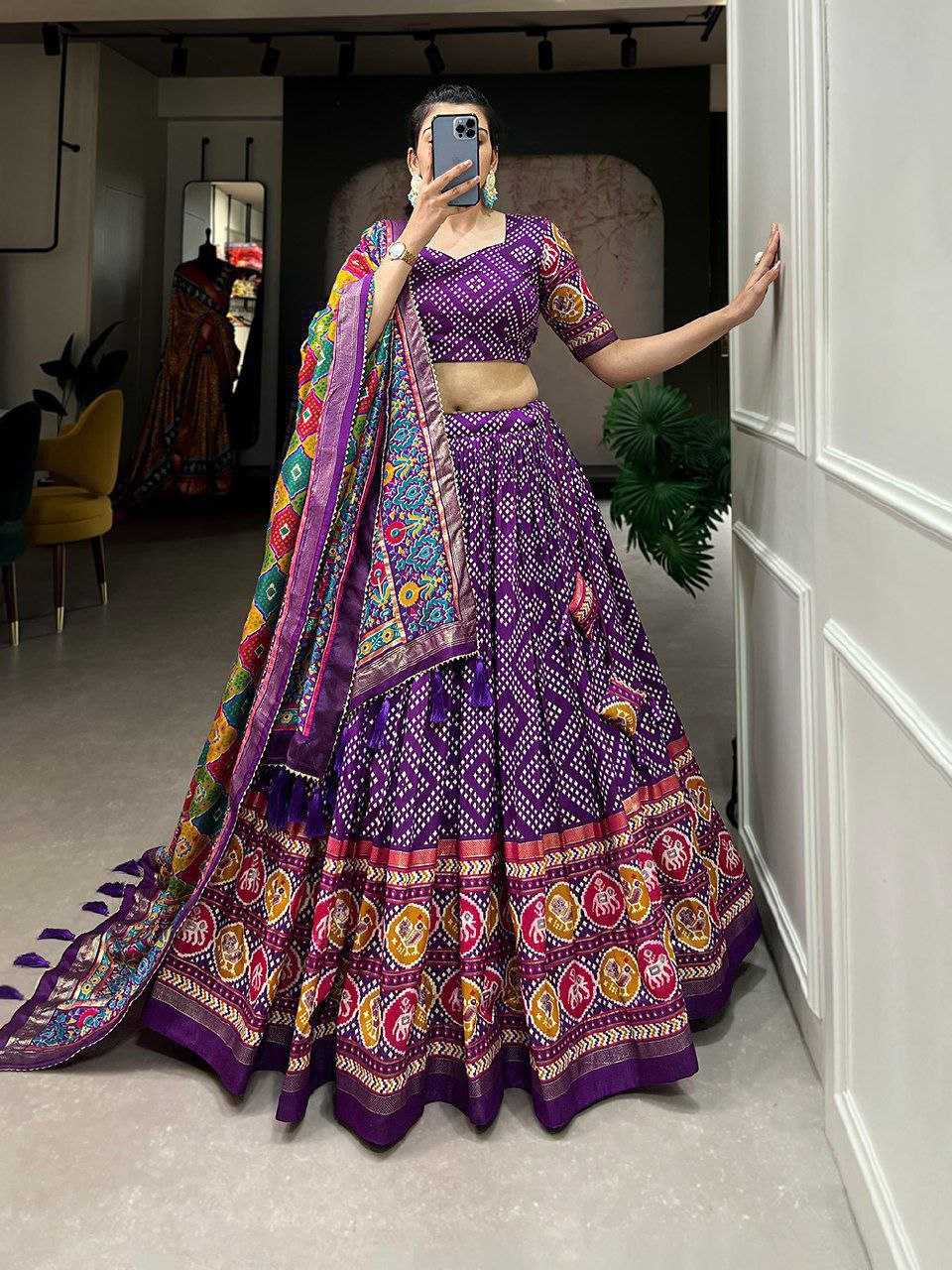 Tussar Silk Kesh187 Bandhani Lehengas  Traditional Printed Navratri Chaniya Choli Lehengas