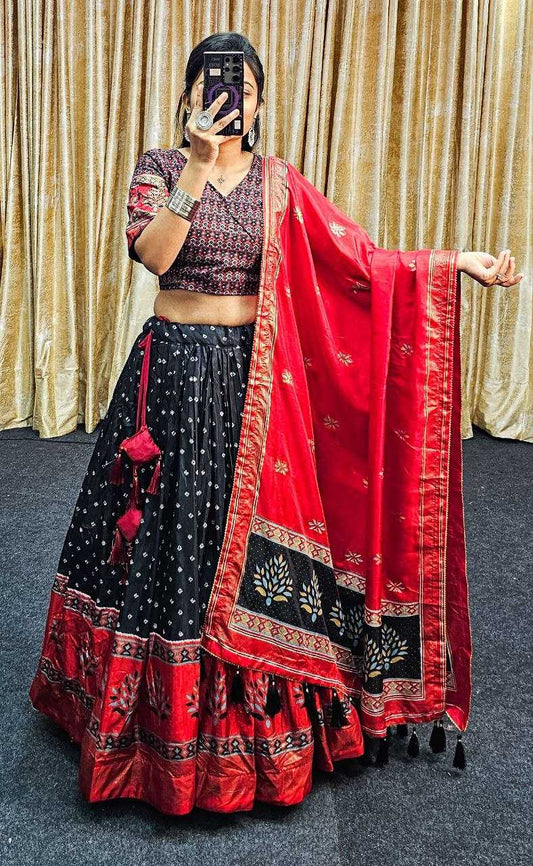 Tussar Silk Kesh187 Tree Bandhni Lehengas  Silk Printed Lehengas