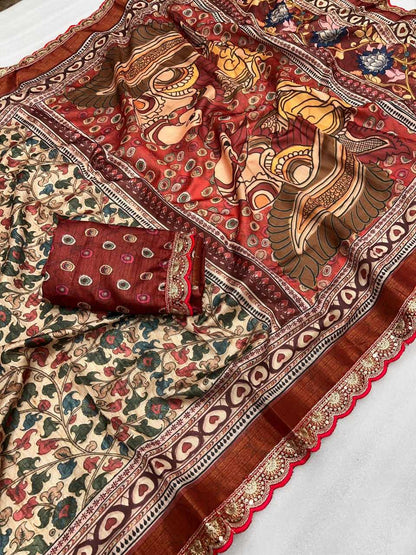 Tussar Silk Rnnc 14 Sarees  Printed Ladies  Kalamkari Sarees E