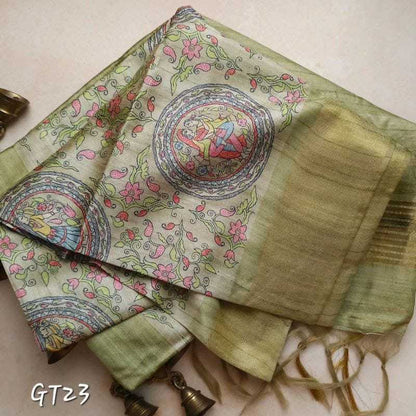 Tussar Silk Rrw 15 Sarees  Printed Kalamkari Zari Border Sarees