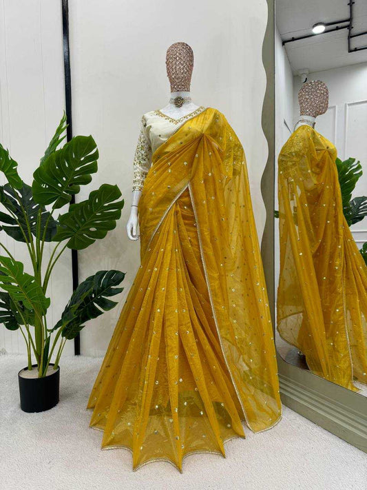 Twill Net Rin133 528 Sarees  Designer Sequence Net Yellow Sarees