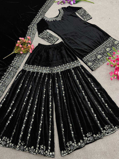 Velvet Kesh121 430 Suits & Dresses  Sharara Salwar Embroidery Velvet Black Salwar Suits